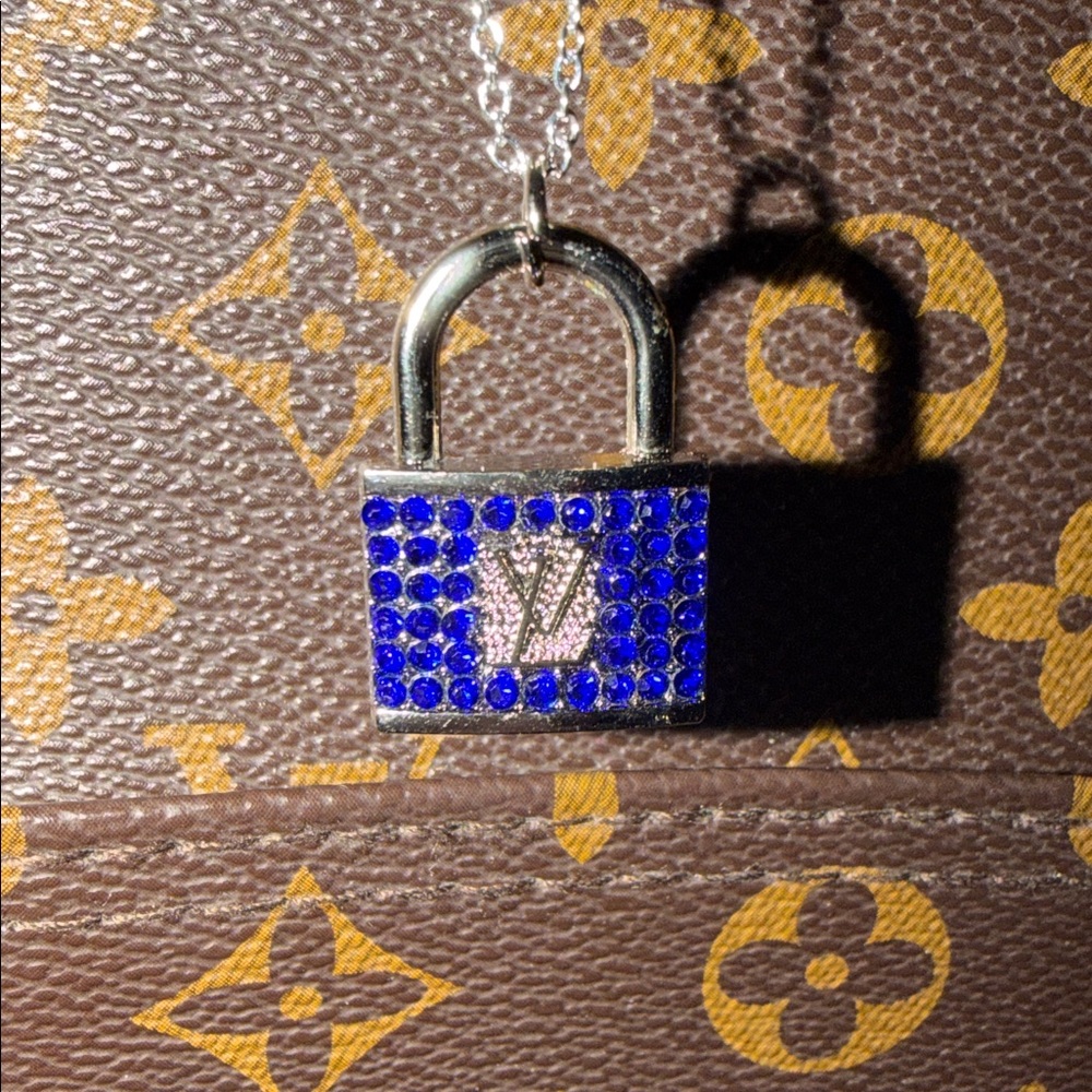 BEAUTIFUL blue Upcycled Louis Vuitton lock charm on 18” 925 silver chain